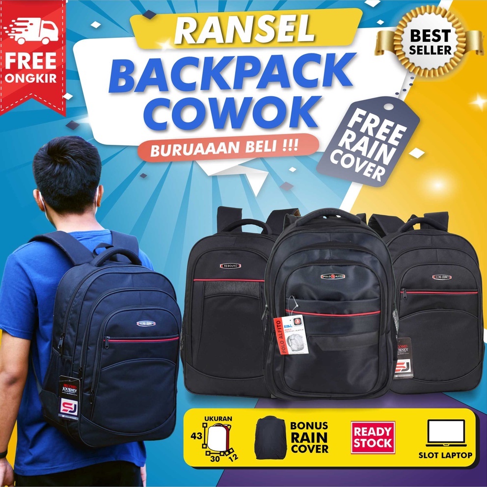 Obral Tas Backpack Pria SMP SMA Cowok Ransel Gendong Hitam Polo Berkualitas