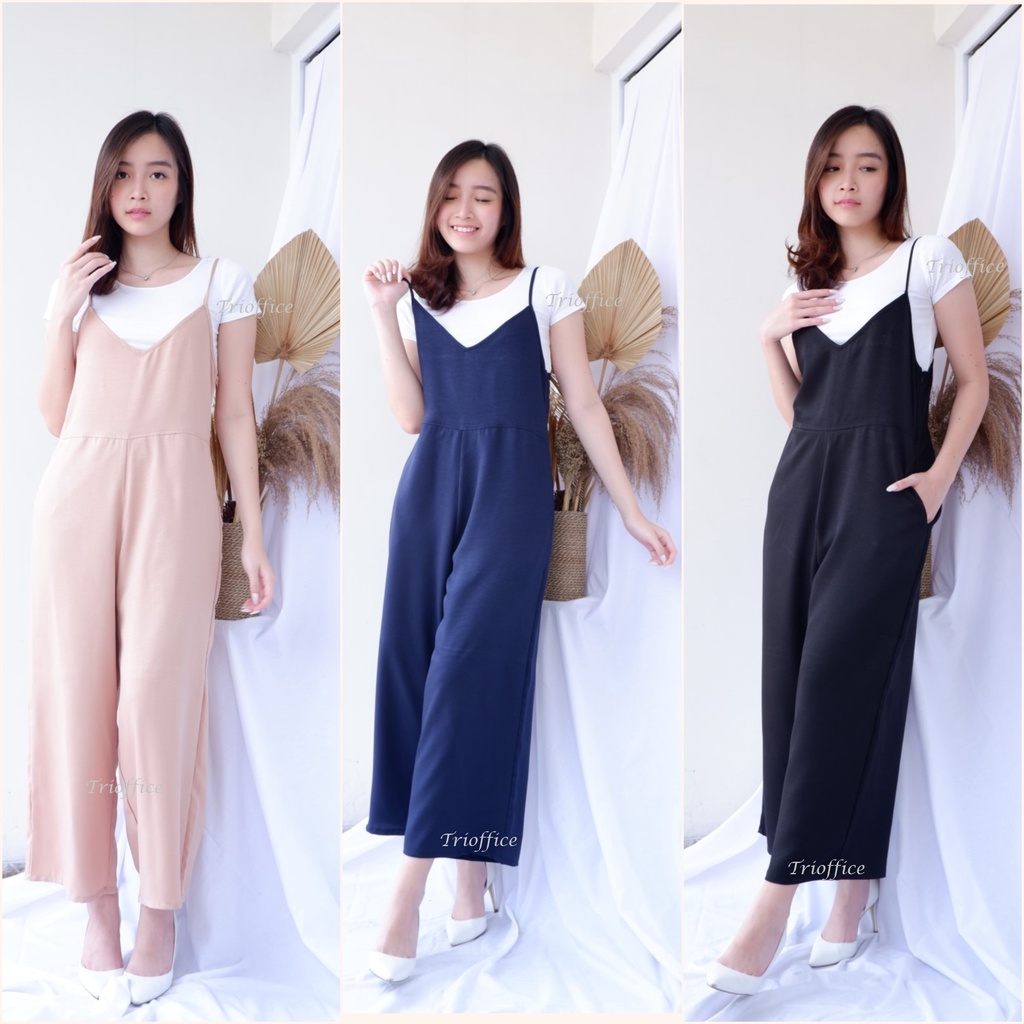 Jumpsuit Wanita Polos Kamisol Sleeveless V Neck