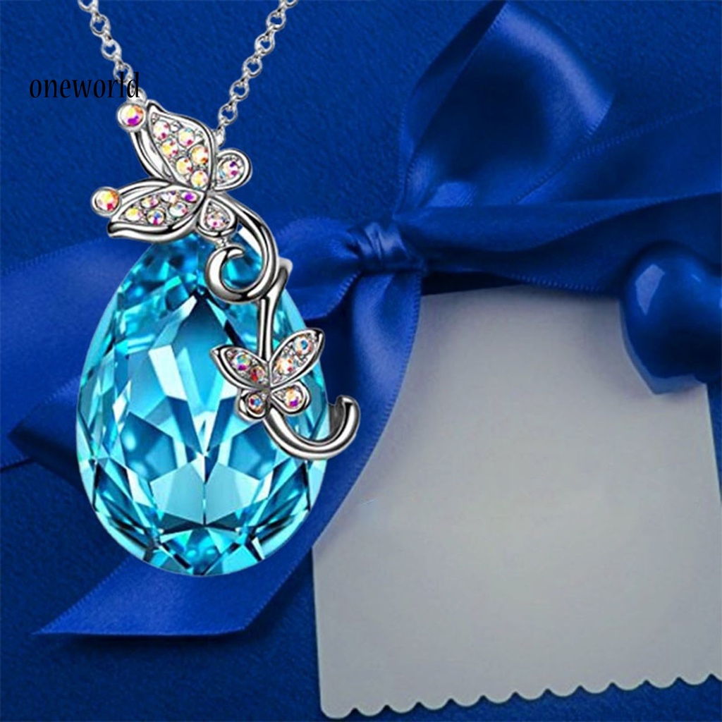 |Onwo Dress Mini Lengan Pendek Untuk Wanita| Kalung Rantai Desain Butterfly Waterdrop Aksen Kristal Imitasi Warna Biru Bahan Silver Plated Untuk Wanita