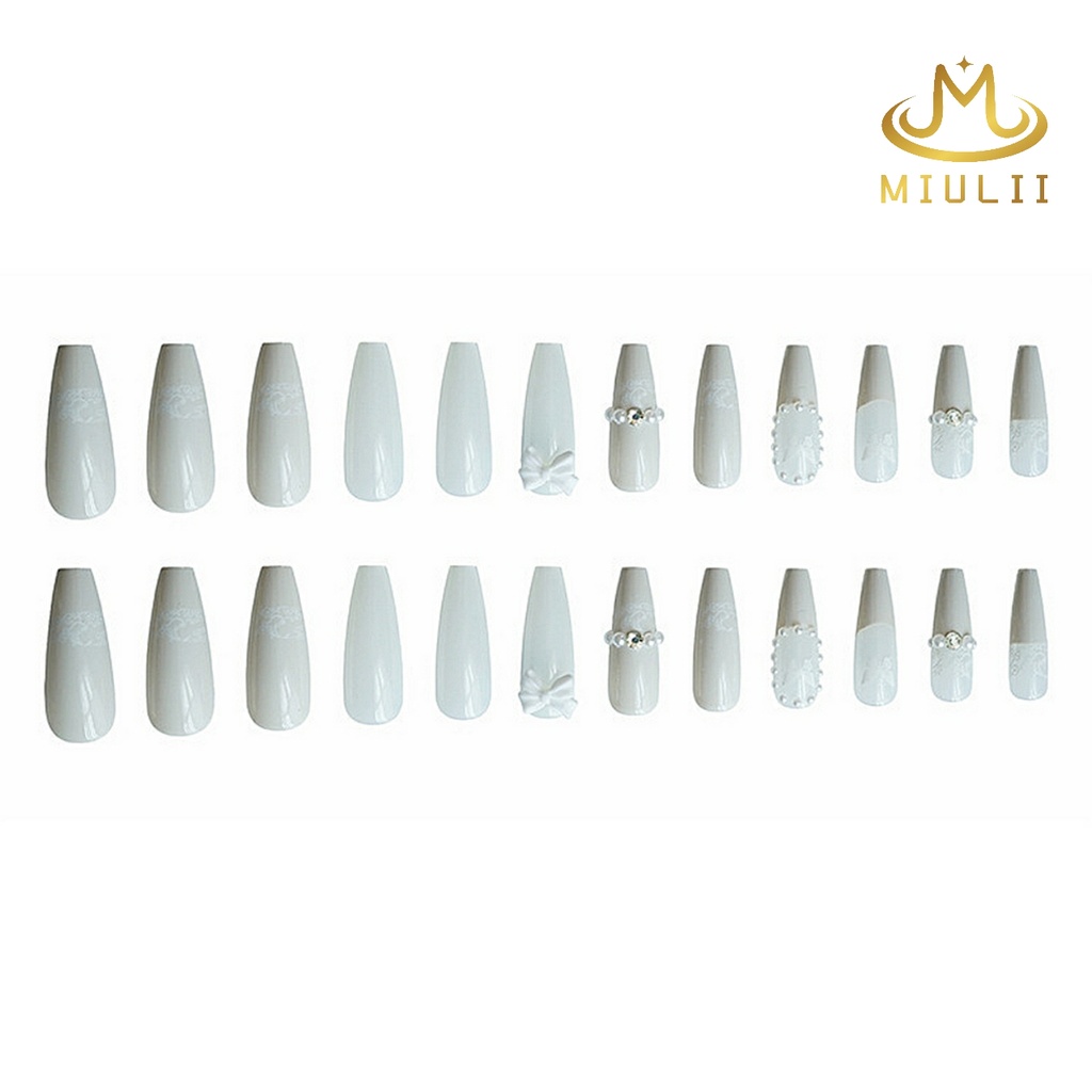 MIULII / KUKU PALSU PANJANG Romantic White A0212  / 24PCS / 3D / NAIL ART / PREMIUM / CUTE / PUTIH / WEDDING  / FREE LEM JELLY / KUTEK