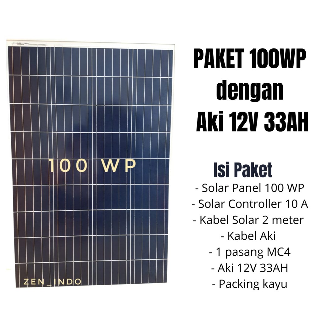 Paket Solar Panel 100 WP,  Controller 10 A dan Aki 12v 33 ah termasuk Packing kayu