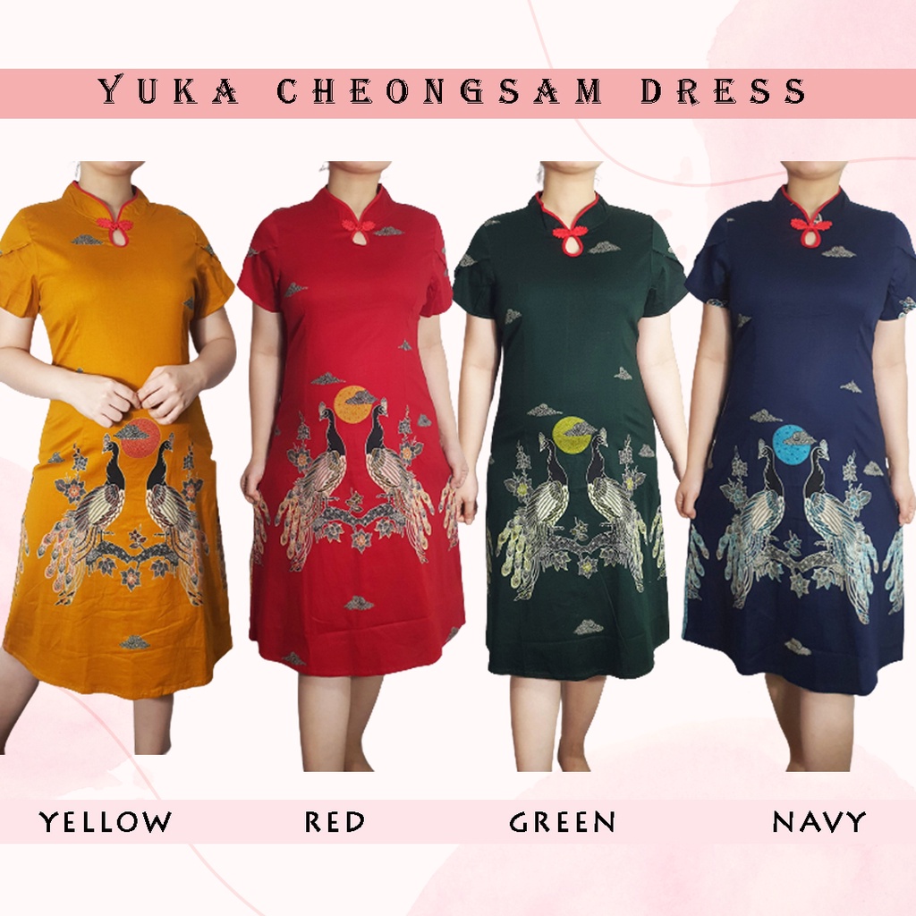 Evercloth Yuka Cheongsam Dress Batik Wanita Couple Imlek Natal CNY Seragam Merah Dress Wanita Gaun Terusan Family Set