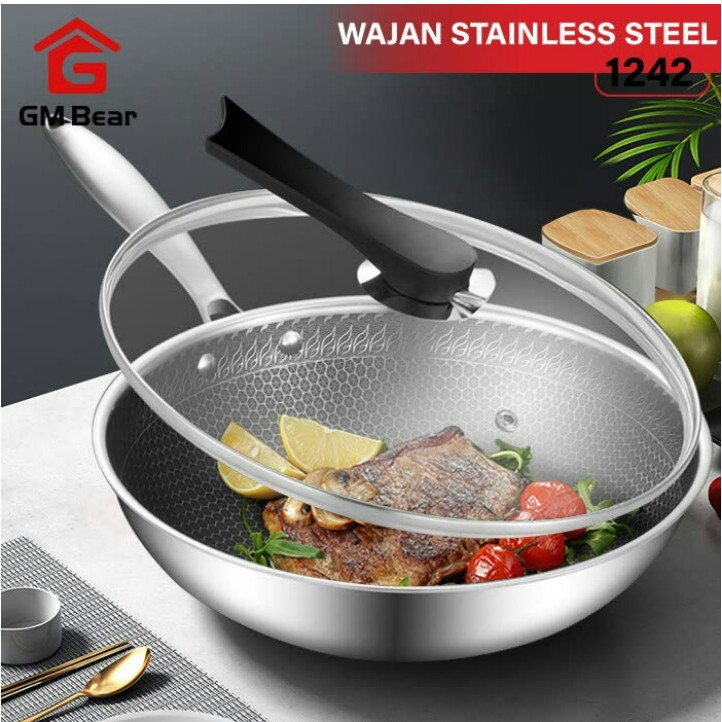 GM Bear Wajan Frypan Stainless Steel Premium Deluxe 1242- 32 cm Teflon Sarang Tawon Sangat Tebal