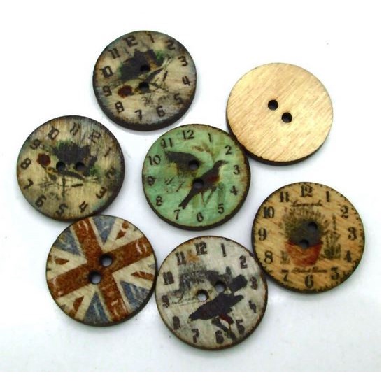 Kancing Kayu Dua Lubang - Round Clock and Flag Style (10 pcs)