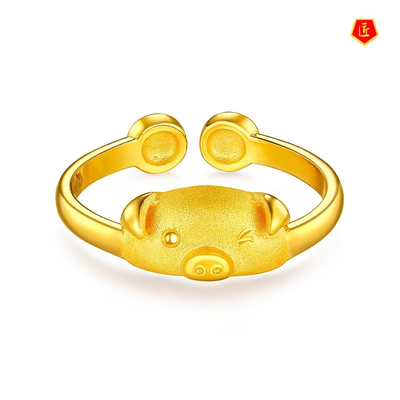 [Ready Stock]Elegant Gold Zodiac Pig Ring Female Lucky Companion