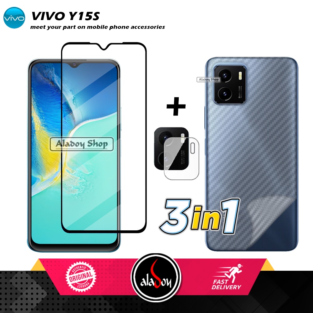 PAKET 3 IN 1 Tempered Glass Layar VIVO Y15S Free Tempered Glass Camera dan Skin Carbon