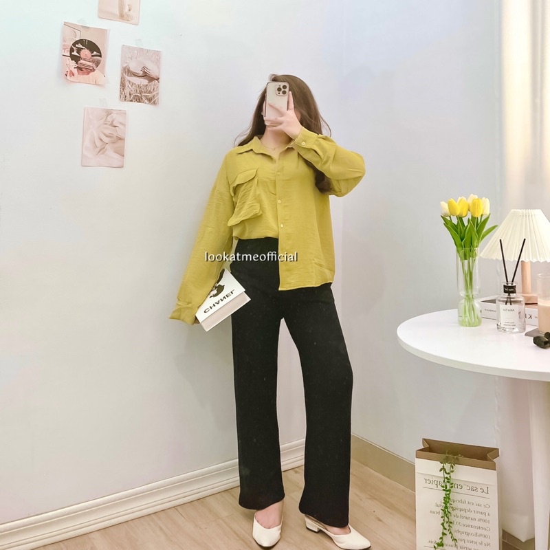 lookatmeofficial • Chloe Pocket Shirt - Atasan Kemeja Blouse Wanita Loose Oversize Bahan Crinkle