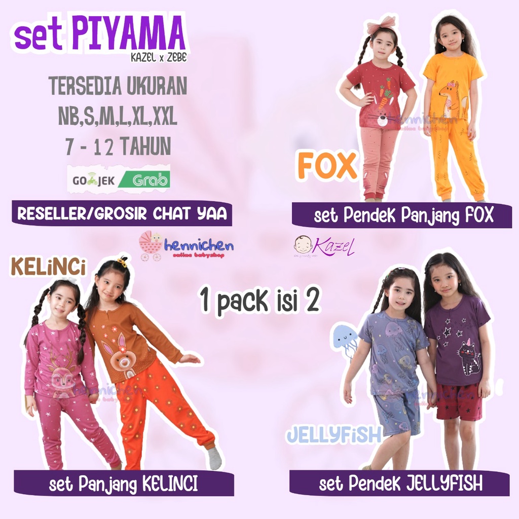 2 PSG KAZEL x ZEBE SETELAN PIYAMA GIRL KELINCI / JELLYFISH / FOXY EDITION 0-12 THN 1 PAK ISI 2 STEL