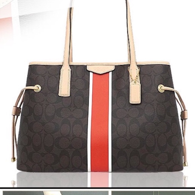 Preloved Coach Signature Strip Drawstring Bag