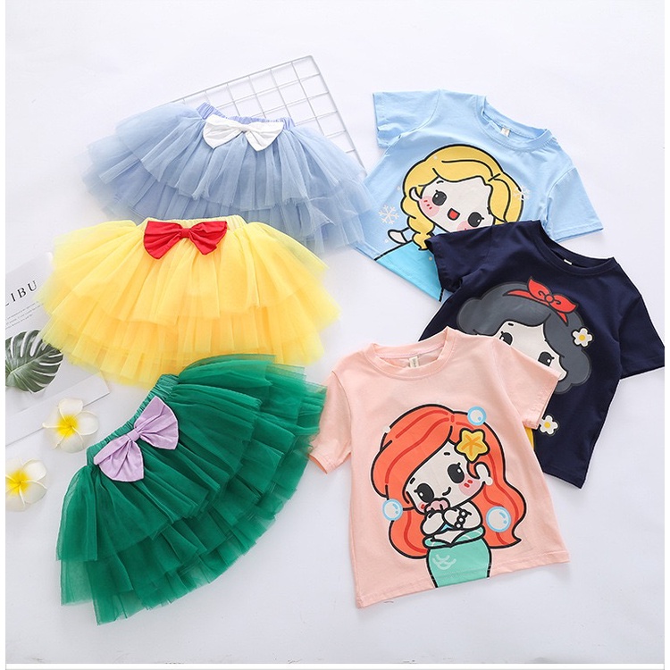 Setelan Anak Perempuan Kaos dan Rok Tutu Princess Frozen Elsa Mermaid Snow White Import Premium