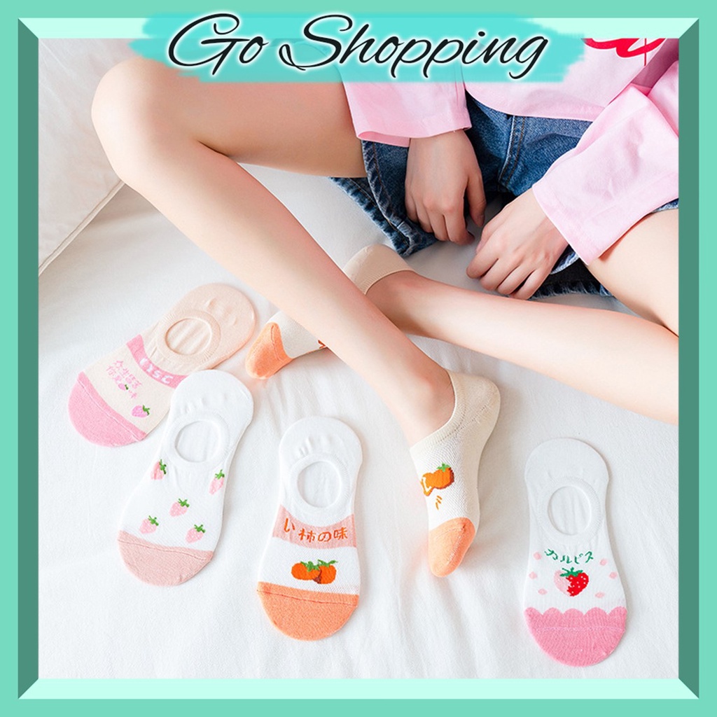 GO! KK808 Kaos Kaki Pendek Wanita Motif Buah Strawberry Orange Fashion Korean Unisex Semata Kaki Oren Peach Putih Socks