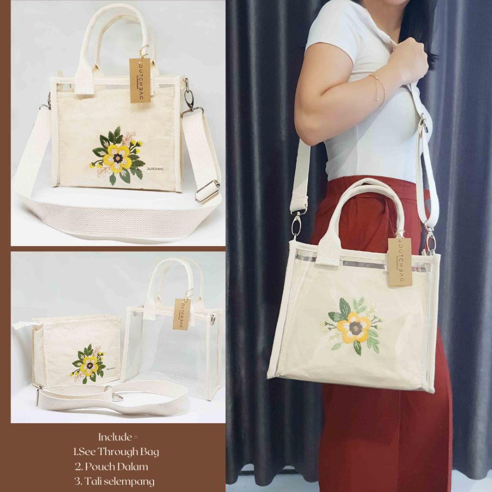 Jual Tas Selempang Kanvas / Tas Kanvas Transparan Sling Bag - Bordir
