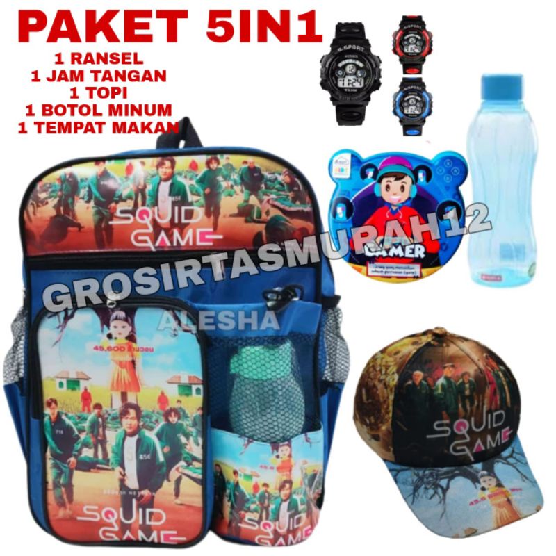 0Tas ransel anak laki-laki squid game gratis botol minum - tas anak Sekolah