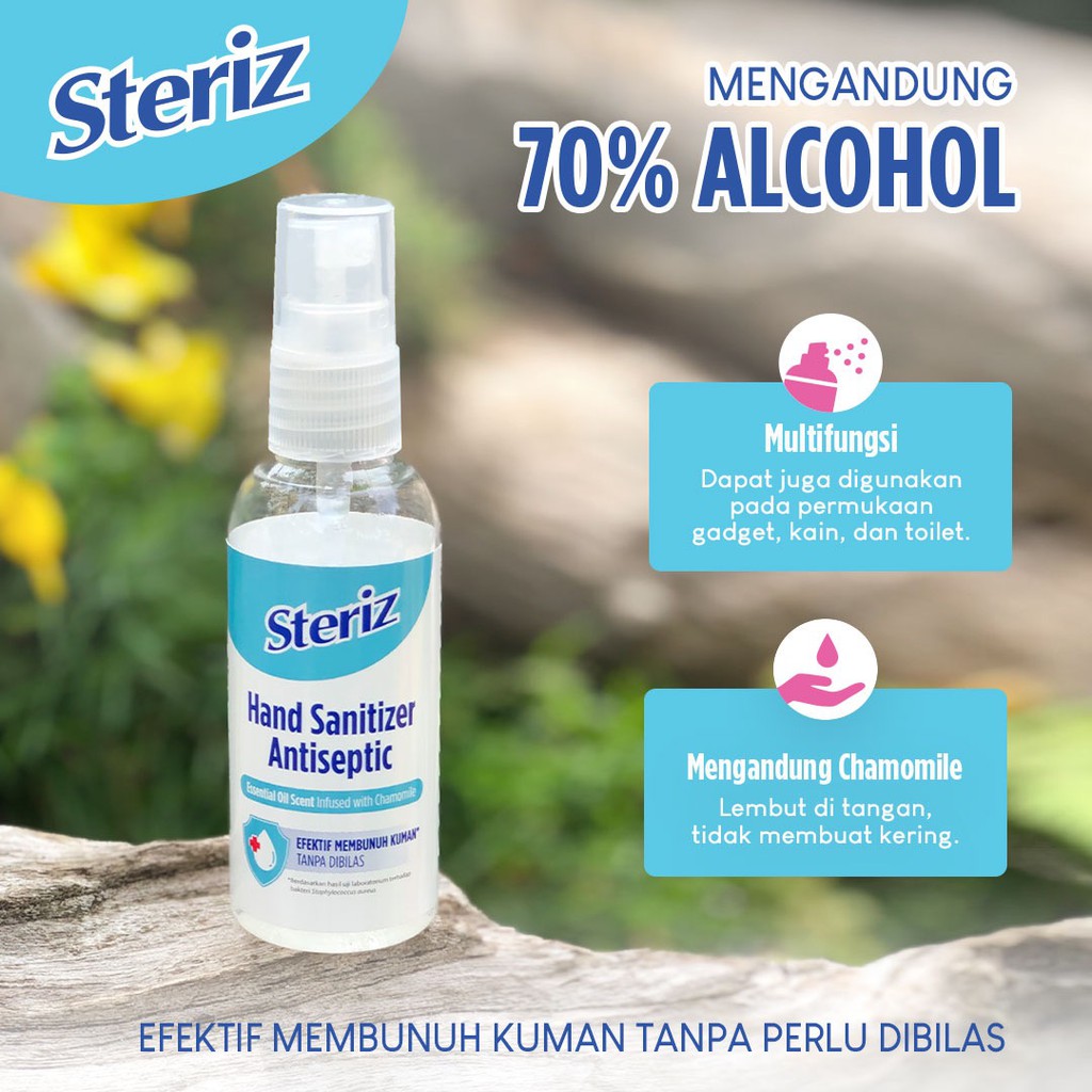 STERIZ Hand Sanitizer Antiseptic Essential Oil Scent 60ml  Pembersih Tangan Cair Membunuh Kuman dan Bakteri Tanpa Perlu Dibilas