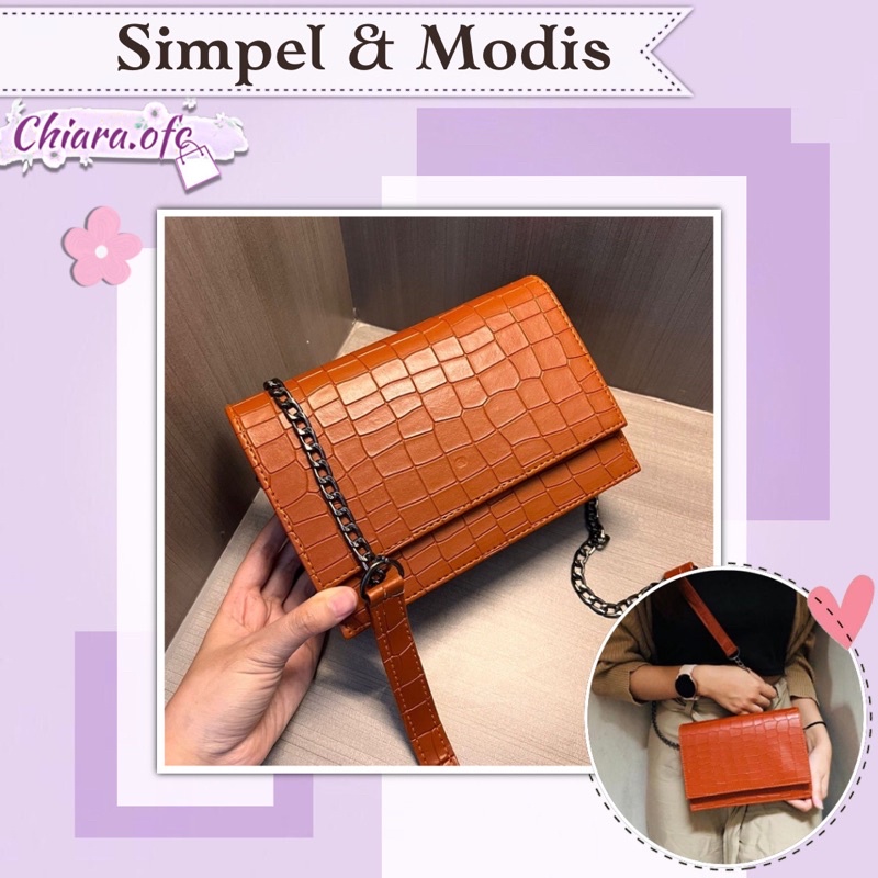 Tas Selempang Sling Bag Fashion Croco Wanita Cewek Premium Simple Kokoh Kekinian Hitam Tali Rantai P