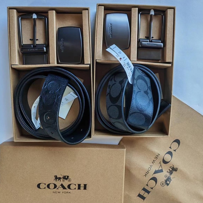 (SameDay Grab) New package in brown paper box coach Men's belt Leisure belt Two belt buckles length can be cut