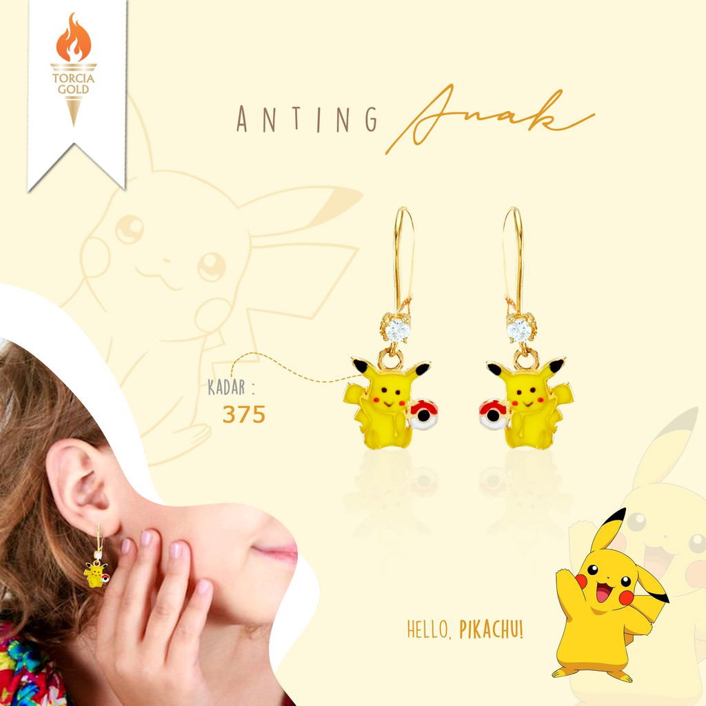 Anting Anak Emas Asli Pikachu Pokemon Permata Kadar 375 Torcia Gold