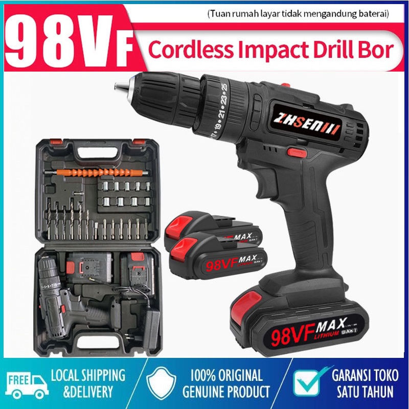 COD Bor Baterai / Bor dampak / Mesin Bor Cordless / Bor Listrik / Beton Besi Kayu Full 98Vf Set Pilihan Bor Tanpa Kabel Bor Listrik Bor Tanpa kabel Set Lengkap Mata Bor Cordless Drill Full Set Of Drill Bits