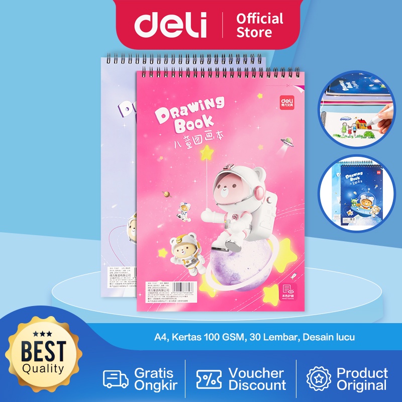 Deli School Drawing Book / Buku Gambar Jilid Spiral Kertas Tebal 100 GSM 30 Lembar 73387