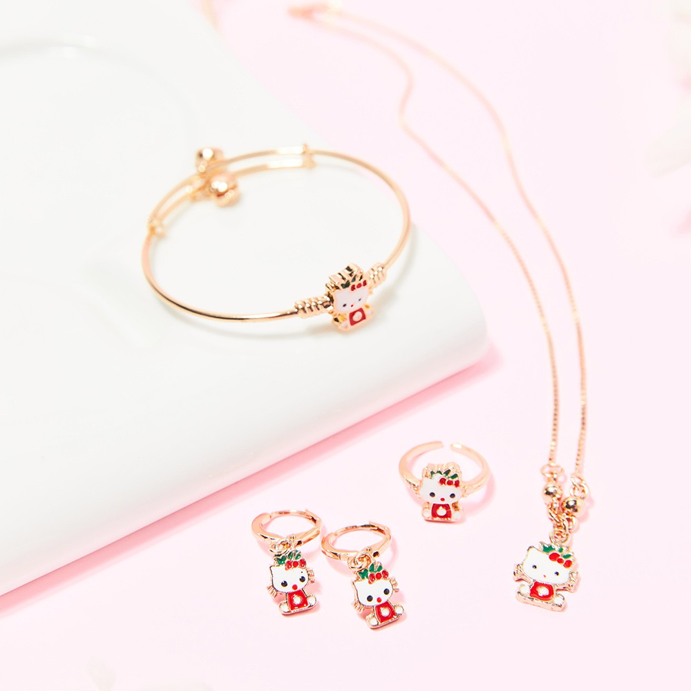 Y046【Pengiriman di tempat】Aksesoris Anak Perempuan Kalung Anting Gelang Set Perhiasan Anak Hello Kitty Titanium Anti Karat