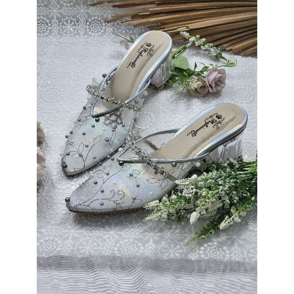 sepatu alwa silver mutiara tinggi 5cm kaca