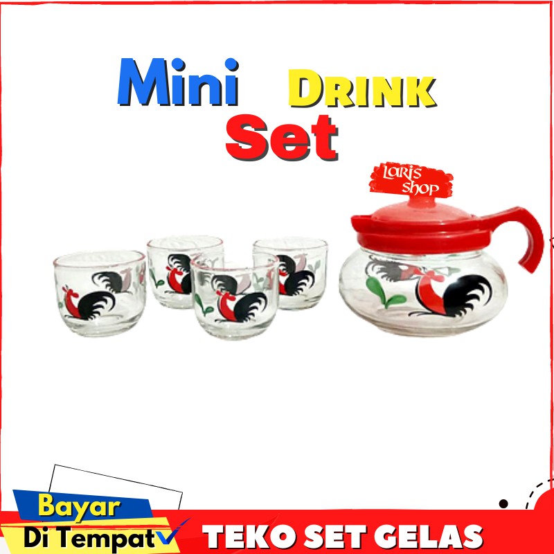 Teko Set Gelas Mini Kaca  Motif Ayam Jago Kedaung