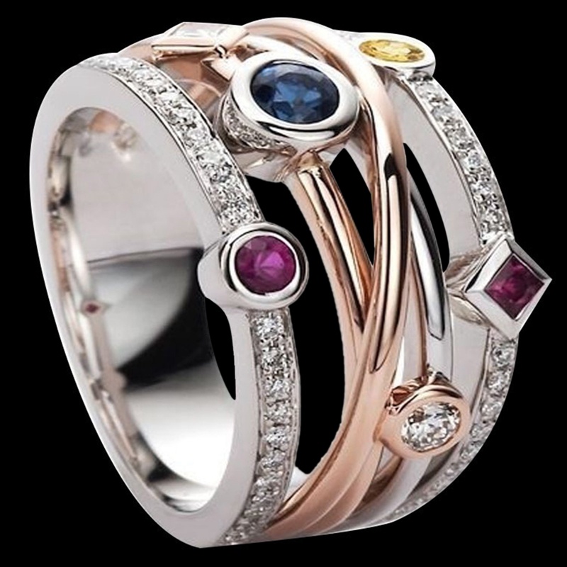 Cincin Berlian Penuh Permata Geometris Multi Baris Warna-Warni Untuk Wanita