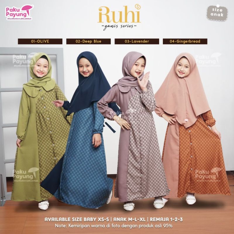 Gamis Ruhi Set Jilbab Paku Payung PPC Terbaru Baju Muslim Anak dan Remaja Perempuan Branded Motif Gu