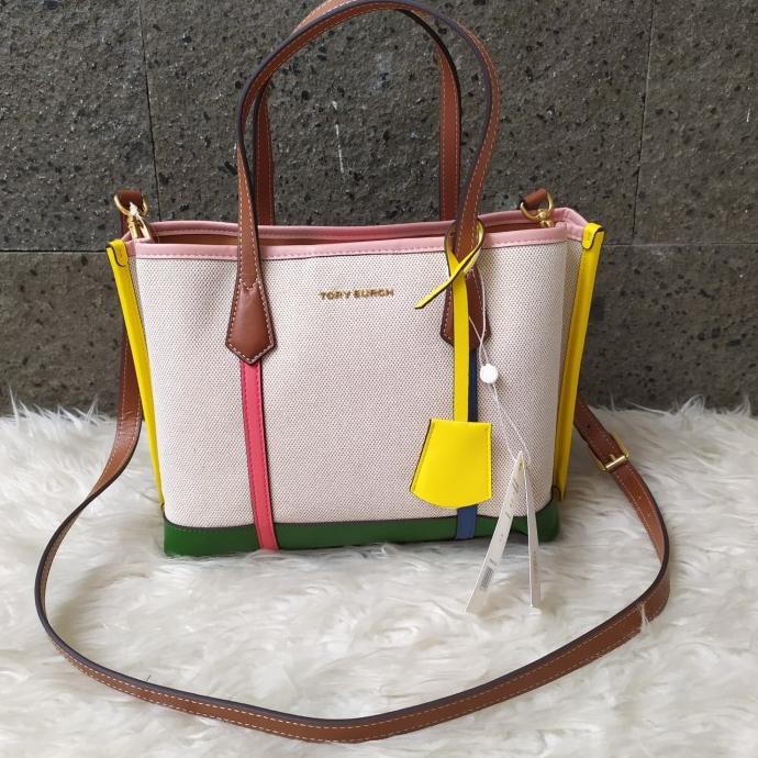 Bag Canvas - Tas Tory Burch Perry Canvas Triple Small Compartment Tote Clear Multi