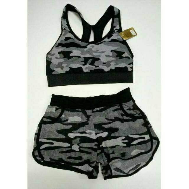 BRA BH & CELANA PENDEK HOTPANT WANITA CEWEK SPORT GYM FITNES SENAM ZUMBA JOGGING YOGA MOTIF ARMY