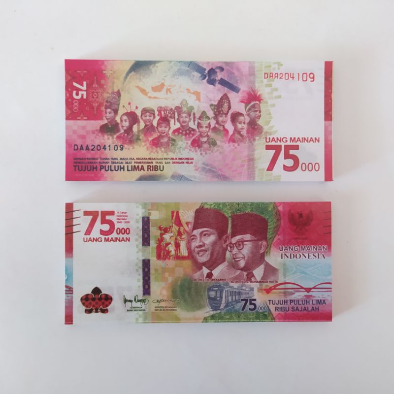 Jual UANG MAINAN PECAHAN BARU 75 RIBU RUPIAH UANG 75 RIBU UANG 