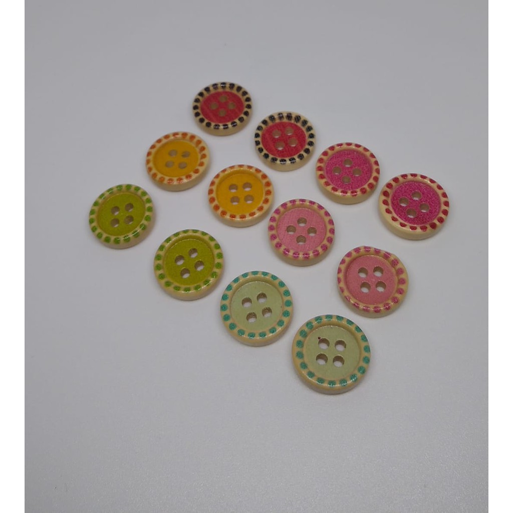 100 BUAH - 1.5 CM | KANCING KAYU WARNA PINGGIR DOT | LUBANG 4