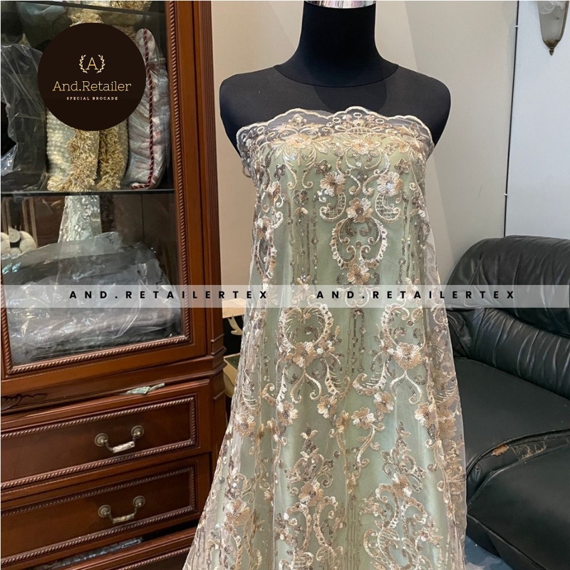 Bahan Kain Kebaya mewah Brokat Bordir Tile Payet Elizabeth Warna Gold