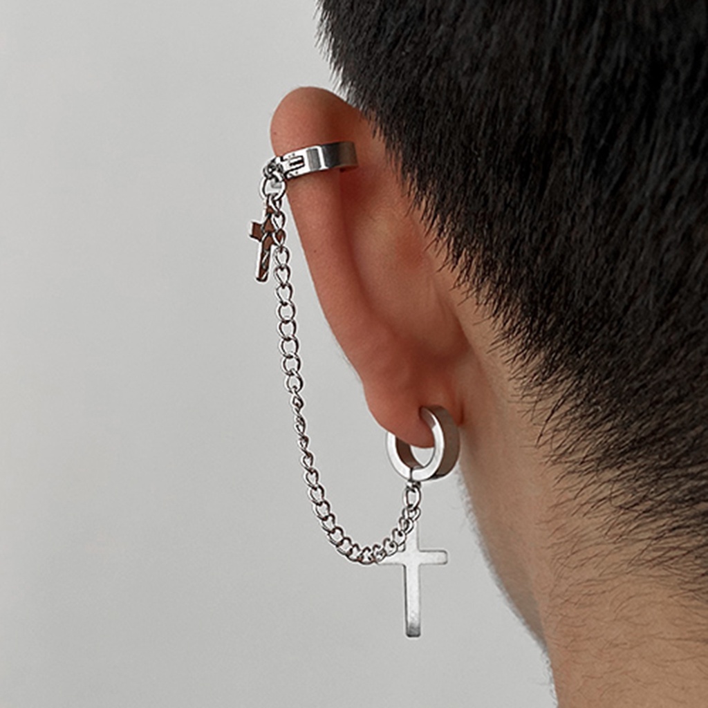 Hu Hu Hu Hu Hu Alat Bantu Pasang Kacamata♡ 1 Pc Anting Rantai Desain Salib Gaya Punk Vintage Untuk Pria
