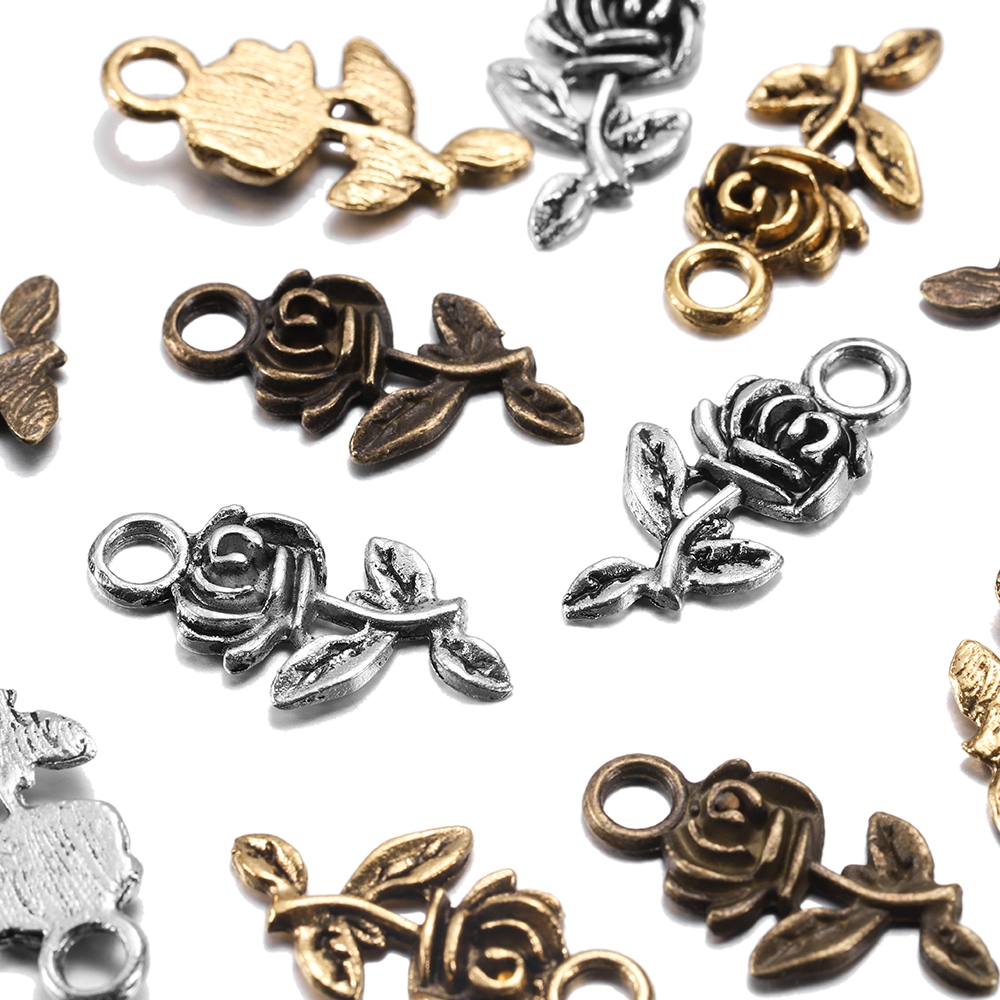 20pcs Tibetan Antique Gold Silver Plated Pendants Charms Flower Rose DIY For Bracelet Necklace Findings Jewelry Makings Supplies