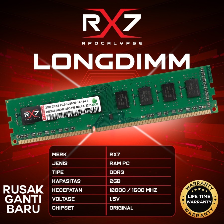 RAM RX7 DDR3 2GB 12800 Mhz GARANSI LIFETIME WARRANTY