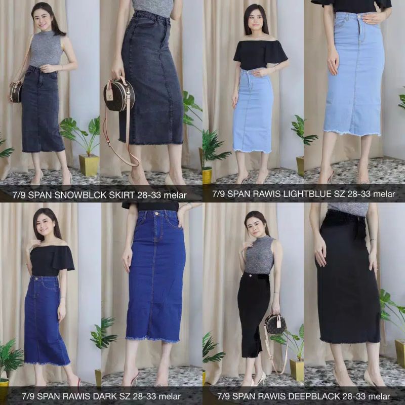 Rok Jeans Wanita Span 7/9 Denim Rawis Stretch Cewek Panjang