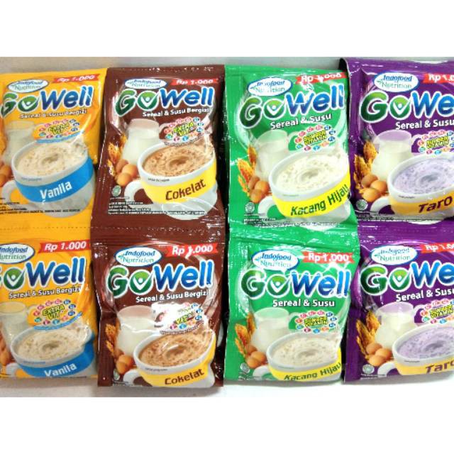 

GoWell sereal dan susu 29 gr x 10 Coklat, Vanila, Kacang hijau, Taro