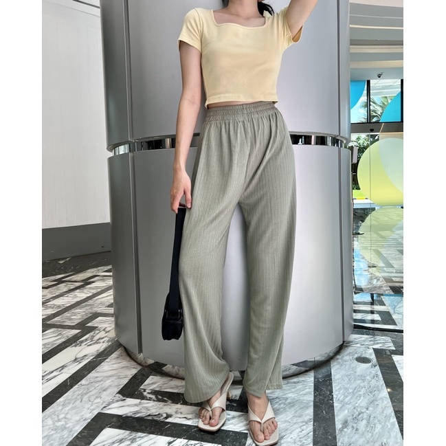 Hyerin pants/celana kulot wanita/celana panjang wanita/celana high waist/celana semi rib/celana santai/celana kekinian/celana knit/kulot knit-Olive