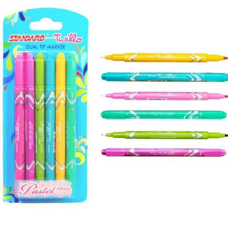 

Spidol Colouring Marker Standard Twillo Dual Tip Pen Set 6 Warna Pastel