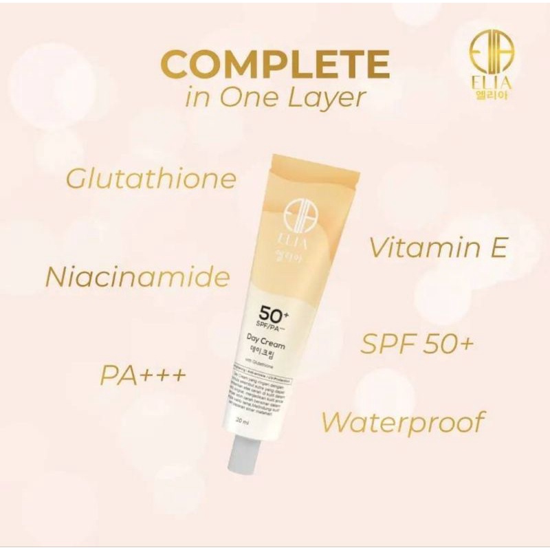 Elia DAY CREAM DENGAN SPF 50 DAN PA++++, SUNBLOK, SUNSCREEN,FAUNDATION,WATERPROFF,Gluthathion,Niacin