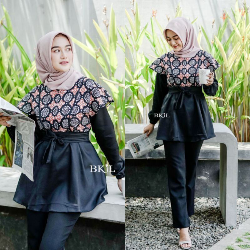 tey-17 Batik wanita ASJ SA HRB026 Kenongo Kemeja Tosca Pendek-Selly Hitam