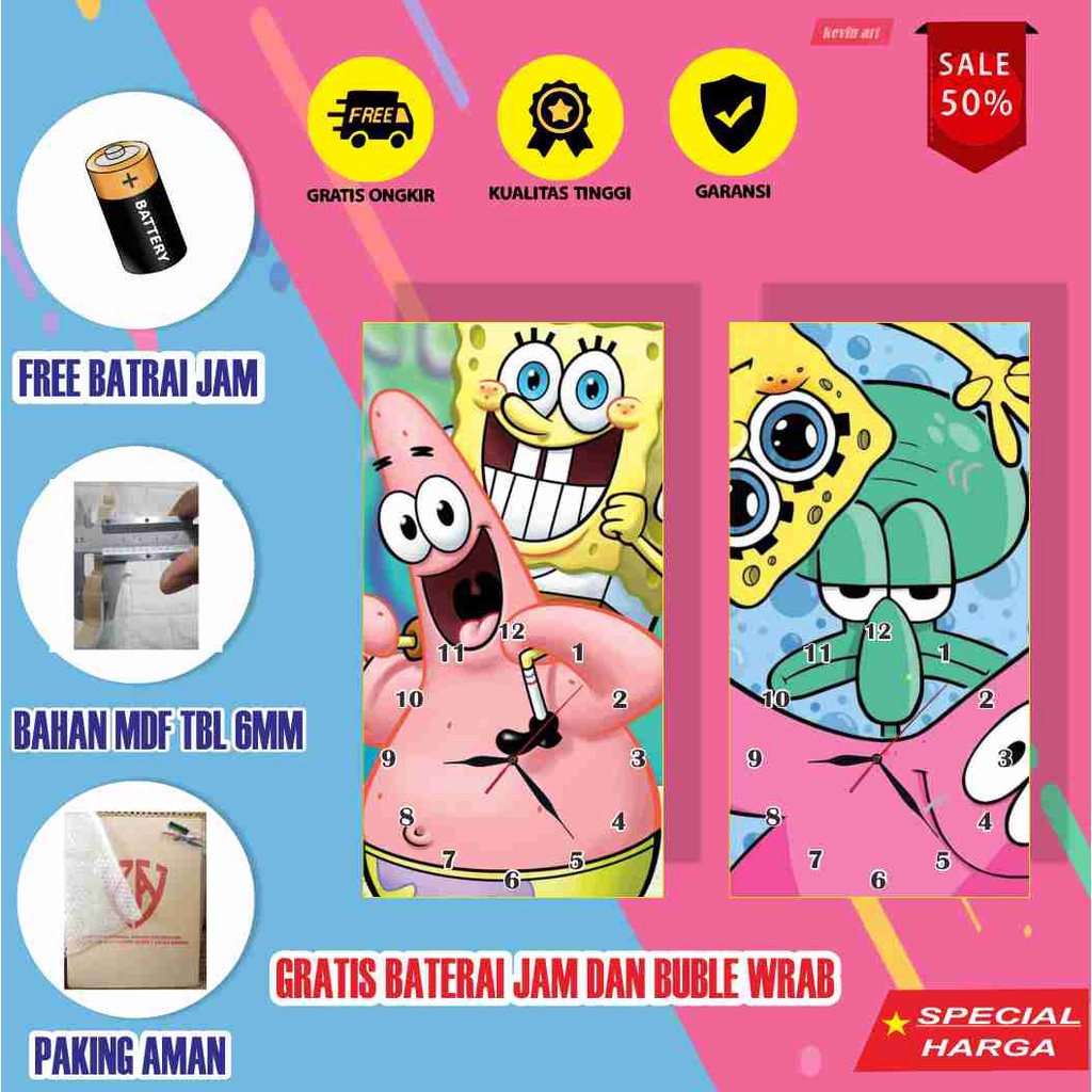 JAM DINDING KARAKTER SPONGEBOB SQUAREPANTS ANIMASI SPONSBOB UNIK BESAR KAYU VINTAGE SOUVENIR JAM CAFE Kevinart