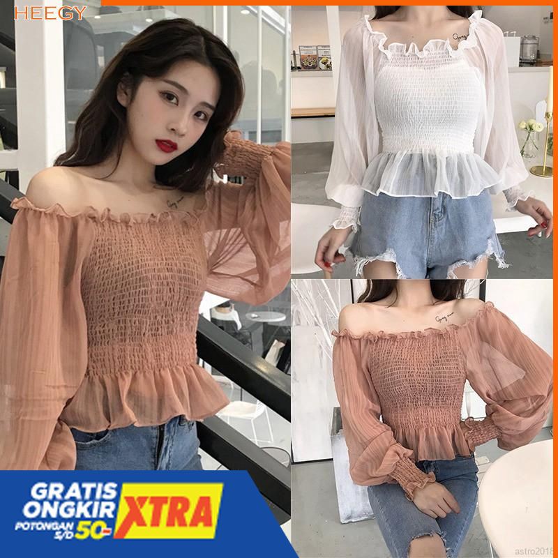 Blouse Slim Lengan Lentera Warna Polos Bahan Sifon Gaya Wanita Korea