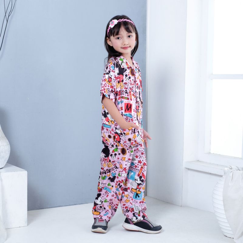 Oneset Anak Unisex Setelan Celana Setcel Rayon Anak Piyama Baju Tidur Anak Rayon Setelan Rayon Anak