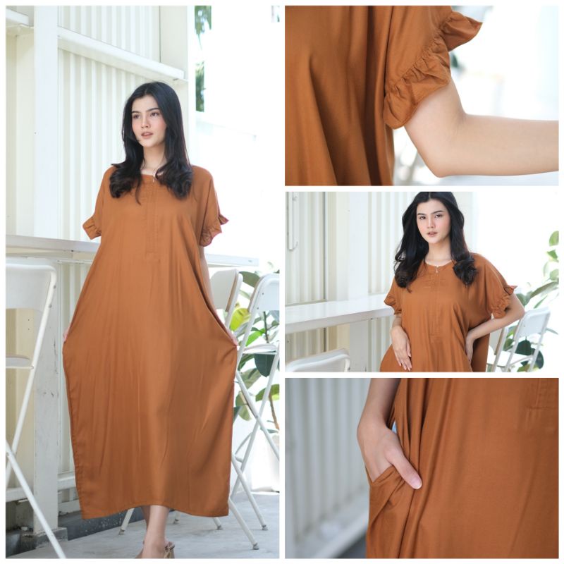 Daster Busui Adem Bahan Rayon premium lengan ruffle resleting panjang