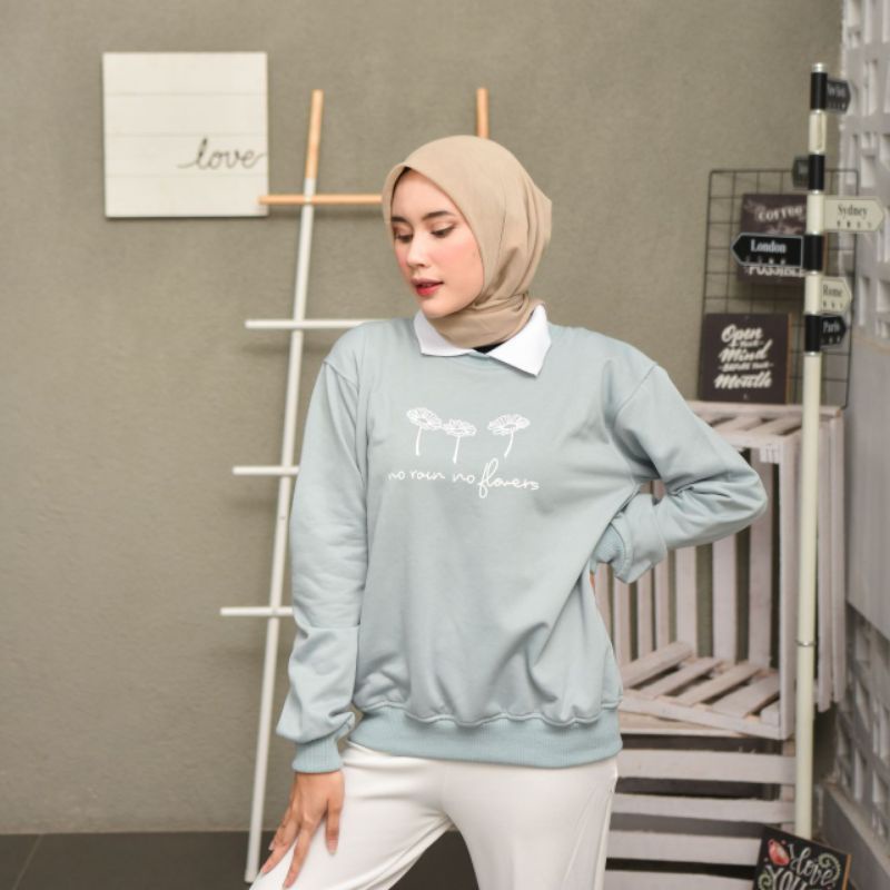 No Rain No Flower Sweater Kerah Wanita Bahan Flece | Crewneck Kerah Oversize Wanita