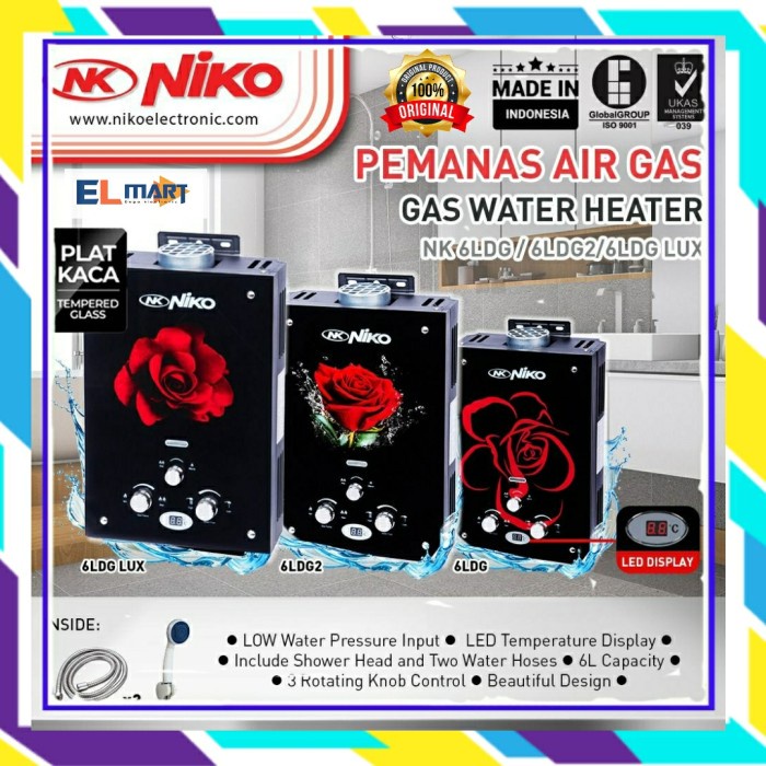 Water Heater Niko Gas Digital Led Display NK 6LDG Lux Pemanas Air Kaca