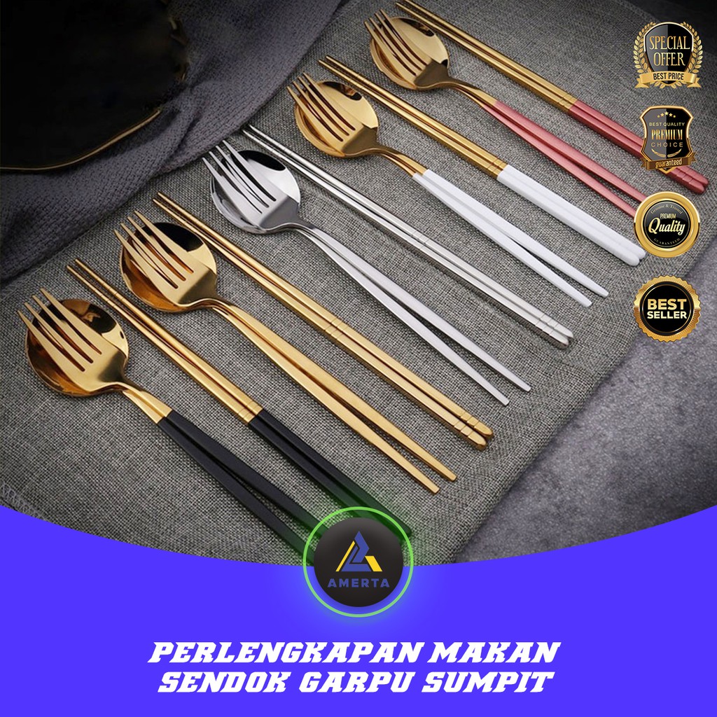 Set Perlengkapan Makan Ala Korea / Sendok Garpu Sumpit Cutlery Dinner Set + Box - A11 - Silver