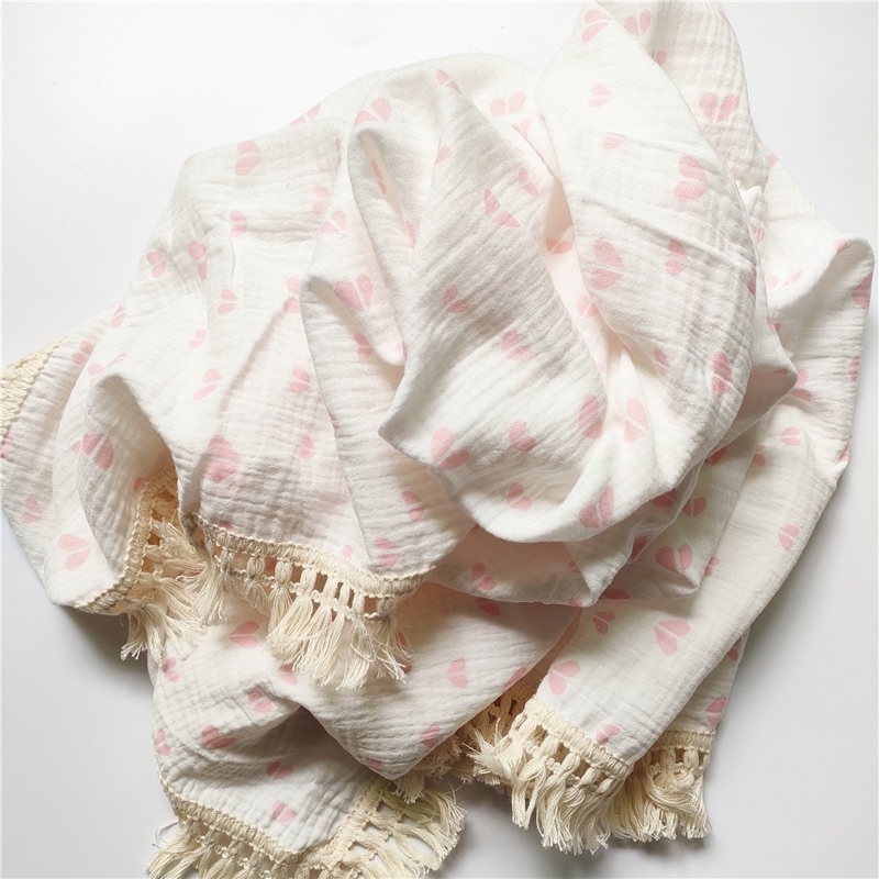 Printed fringe muslin blanket / selimut bayi rumbai / selimut muslin